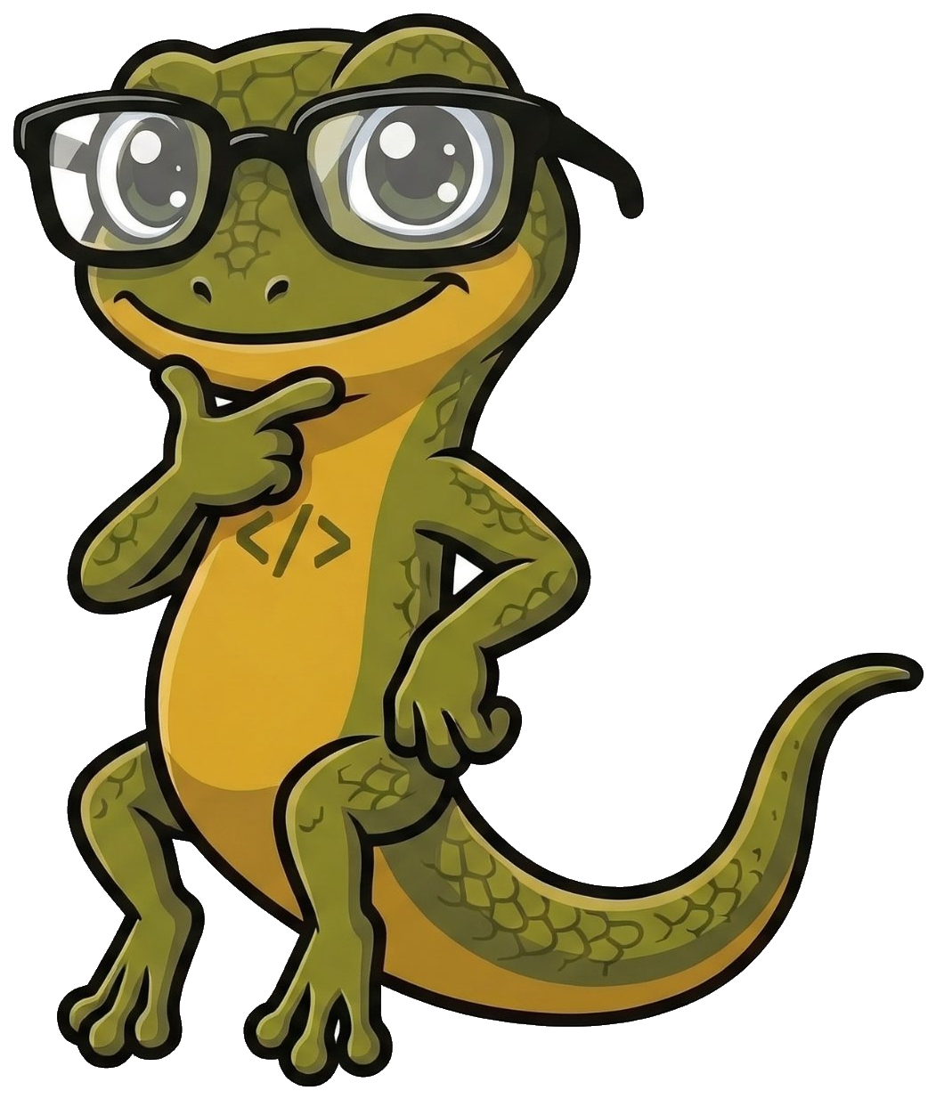 GeekGecko mascota - gecko con lentes y simbolo de codigo